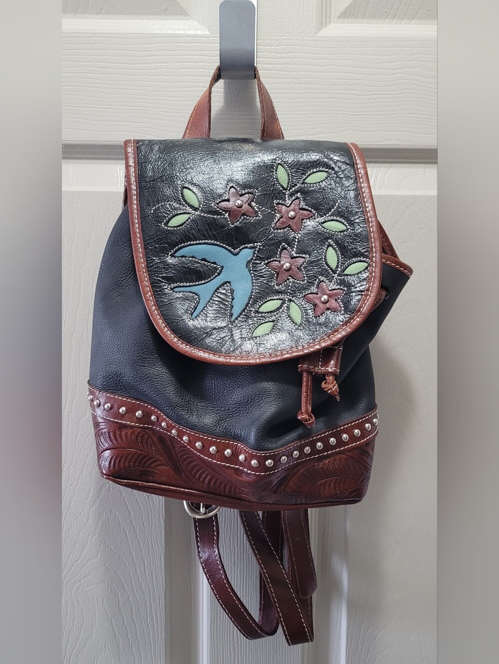 American West Black Genuine Leather Blue Bird Floral Stud Embroidered Backpack